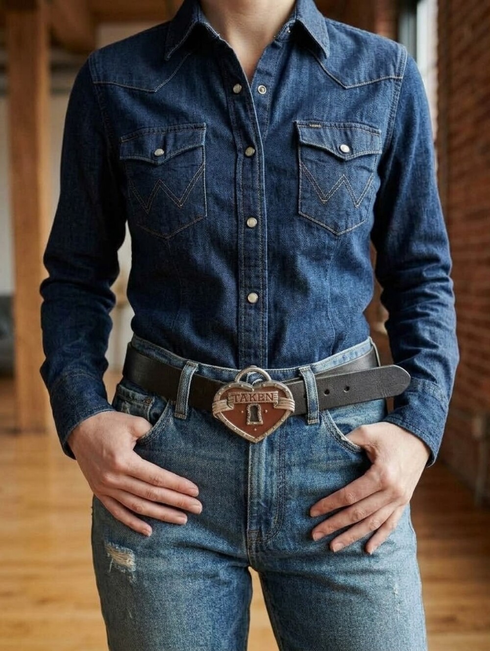 Cowgirl Western Belt TAKEN Heart Big Buckle Leather Size Medium